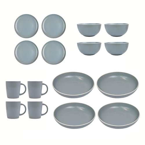 YöL Grey Dinnerware Set Table Setting Service For 4 Stoneware Modern Design 16pc Dinner Set Bowls Plates Dining Mugs