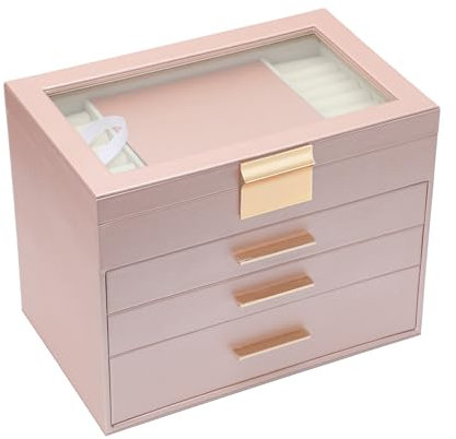 BOOVO Jewelry Boxes for Women, White and Black 4 Layer Large Jewelry Box for Necklace, Bracelet, Earrings, Rings Storage, Jewelry holder Organizer for Girls Gift (Rose gold, 4 layer)