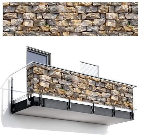 MuchoWow© Sichtschutz/Balkon Einseitig 120x500 cm Groß PVC Terrassen Garten ohne Bohren Wetterfest Gartenzaun Terrasse Balkonschutz Garten Deco Balkonomrandung Steine - Steinoptik - Grau - Pflanzen