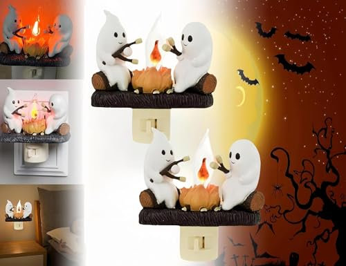 2Stk Ghost Campfire Flickering Nightlight,2024 Neu Ghost Campfire Nightlight, 3D LED Kleines Elektrisches Faux Lagerfeuer Nachtlicht, Halloween Nachtlicht Indoor Dekorationen für Familie Freunde