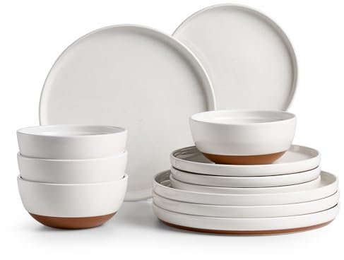 DOWAN Geschirrset 12 Teilig, Teller Set 4 Personen, Porzellan Geschirr Set, Weiß & Braun Tafelservice, Speiseteller Keramik, Tellerset Rustikal, Kombiservice Für Müsli, Pasta, Dessert