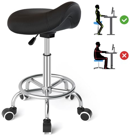 YEEZEE Saddle Stool Ergonomic- Comfortable Rolling Saddle Stool with Wide Thick Saddle Seat Padding, Swivel Adjustable Saddle Chair with Wheels and Ring Pedal for Medical Massage Salon (Dark Black)