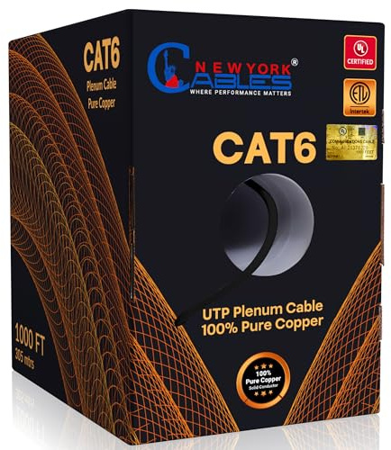 NewYork Cables | CAT6 Plenum Cable 1000ft Black | UL & ETL Certified CMP, 100% Pure Copper, UTP, 550MHz, 23AWG, 4Pair 10GB, PoE++ | Most Certified Plenum-Rated Fire-Resistant Bulk Cat 6 Ethernet Cable