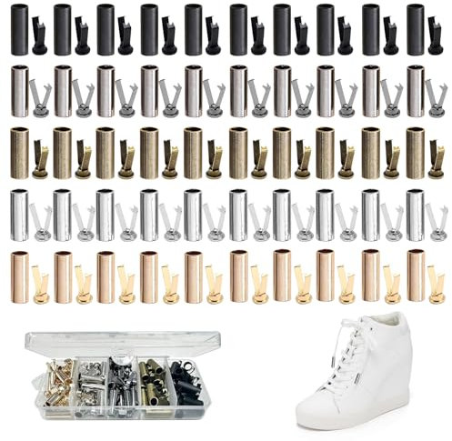 50 Sets Kordelenden Metall,Kordel Endstück Metall,Schnürsenkel Endkappen,5 Farben Qualitätslegierungen Kordelstopper Metall,für Schnürsenkelspitzen Toe Hoodie DIY-Reparaturen Schnürsenkel