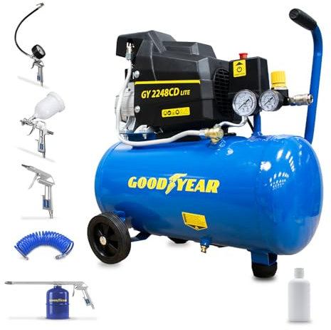 Goodyear - Compresor Eléctrico Portátil 24L 1.5HP (1.1kW) Motor de Inducción, 8 bares, 165 l/min, Silencioso, Con Ruedas y Regulador - Ideal para Bricolaje y Taller