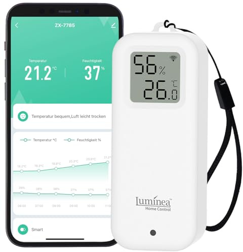 Luminea Home Control Zimmer-Thermometer: WLAN-Temperatur- und Luftfeuchtigkeitssensor mit Display, App (Thermometer Digitale innen außen, WLAN Hygrometer mit App-Steuerung, Frost)