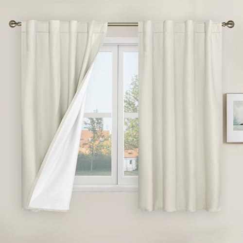 LAMIT Kurze Leinenvorhänge, 100% Verdunkelung, 122 cm Länge, Leinenstruktur, Thermo-Vorhänge, Schlaufen auf der Rückseite und Stangentasche, neutrale Paneele mit weißem Futter für kleine Fenster, 2