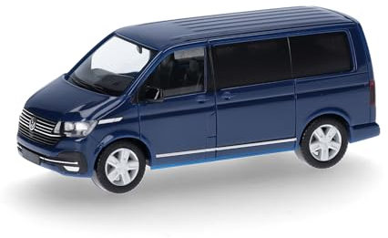 Volkwagen T6 Caravelle Personen Transporter Blau T6.1 Version Ab 3. Facelift 2019 mit Sockel und Vitrine H0 1/87 Herpa Modell Auto mit individiuellem Wunschke..