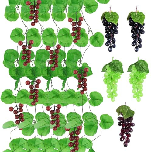 DBALL 10 Teilige Künstliche Weintrauben Deko Set 2.4 Meter Kunststoff Weintrauben Reben Weinblätter mit Trauben Künstliches Obst Dekoration für Haus Garten Festival