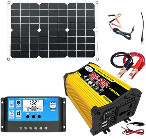 Rrlihjgu Energía Solar Portátil,220V Inversor Corriente 4000W (máx.) Con 2 Puertos USB,30A Controlador Carga Solar,420x280x2,5mm Kit Completo Paneles Solares,18W Panel Solar Monocristalino 12V / 24V