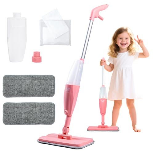 Kids Spray Mop, Pink Mini Mop Set with 2 Microfiber Washable Pads and 10 Disposable Dry Dusting Cloths, Dust Mop for Floor Cleaning, Small Mop for Toddlers Gift