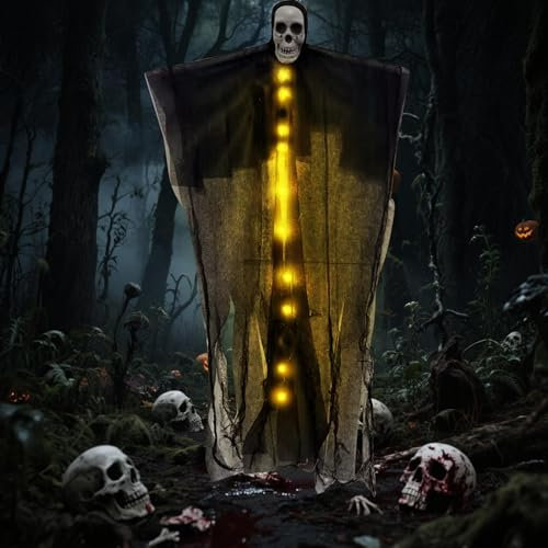 Halloween Deko Horror, Hängende Skelett Geister Dekoration, Halloween Geist mit LED Lichter, Hängende Tür Deko Geist, Gruselige Skelette Dekoration für Helloween Outdoor Innen Deko Party Garten