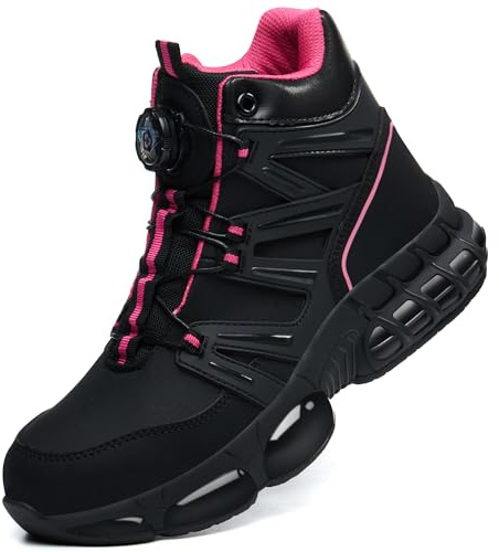 KOIFISH Stivali antinfortunistici da uomo e donna, impermeabili, scarpe antinfortunistiche, stivali alti da lavoro, con cuscinetto d'aria, scarpe da lavoro leggere, punta in acciaio, 36-46, rosa, 36