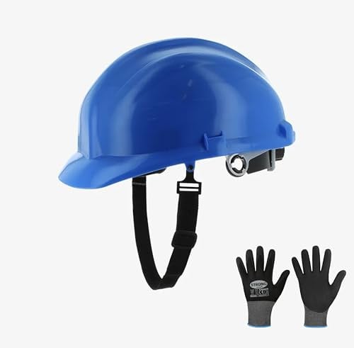 Schutzhelm Helm Bauhelm Arbeitshelm EN397 blau, einfaches verstellen Drehverschluss inkl. Arbeitshandschuhe