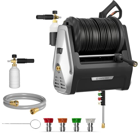Giraffe Tools Wall Mounted Pressure Washer Essential with Upgraded 1800W Motor, 2900 PSI, 2.2 GPM Electric Power Washer, Automatic Rewind, 100ft Pressure Hoses, 5 Nozzles for Floor/Cars/Fences/Patios