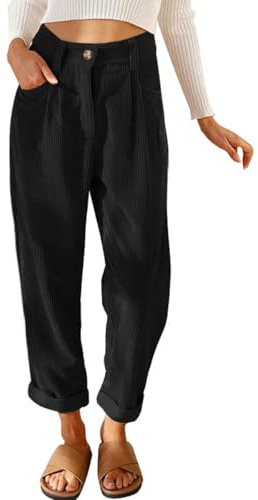 CheChury Femme Pantalon Velours Côtelé Élastique Taille Pantalon Décontracté Chic Pantalons avec Poche Bouton Zippé Jambe Droit Pants Automne Hiver,Noir,L