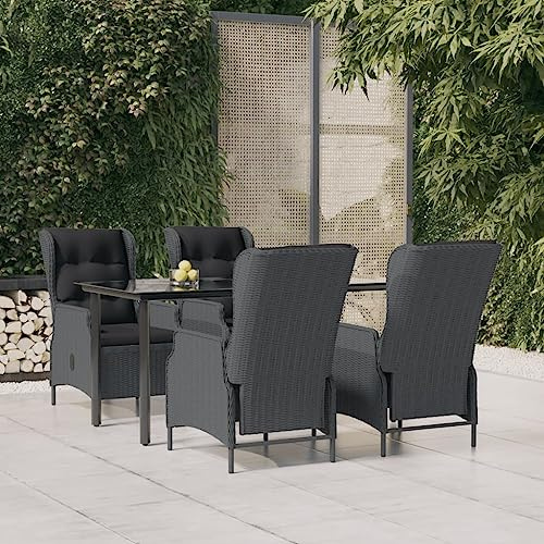 Teenpull 5-TLG. Garten-Essgruppe Dunkelgrau Poly Rattan, Outdoor Möbel Set mit 4 verstellbaren Stühlen, Terrassen Esstisch mit Glasplatte, wasserdichtes Lounge-Set für Balkon und Garten