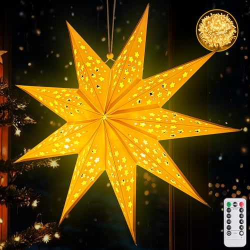 Papierstern Lampenschirm,50cm Papiersterne Zum Aufhängen,Weihnachten mit Timer und 8 Beleuchtungsmodi,Weihnachtsstern Papier,Papierstern Dekoration,Sterne Papier zum Fensterdeko