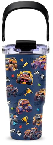 NIAXAUYT Monster Truck Tumbler with Top Handle and Flip Straw Lid 20oz Stainless Steel Insulated Travel Cups for Boys - Christmas Birthday Ideas for Monster Truck Kids Coffee Mugs