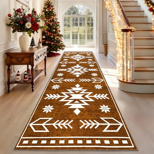 TEHWDAIYOU Weihnachtsteppich Läufer für Flur 80 x 100 cm Braun Waschbar Teppich Weihnachten rutschfest, Kurzflor Küchenteppich für Wohnzimmer Schlafzimmer Badezimmer Winterdekoration