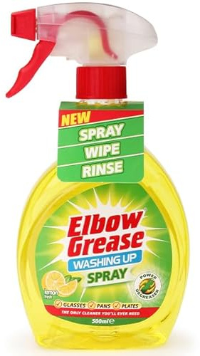 Elbow Grease Washing Up Spray, Lemon Fresh Scent, 500ml Multi-Surface Cleaner for Glasses, Pans and Plates, Pack of 4 | Sold By Fantastic Trade Store