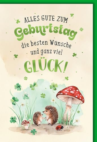 Geburtstagskarte für Kinder Fröhlich - Kinder - Igel mit Fliegenpilz und Kleeblättern in Aquarelloptik - Klappkarte mit Umschlag Glückwunschkarte Geburtstag