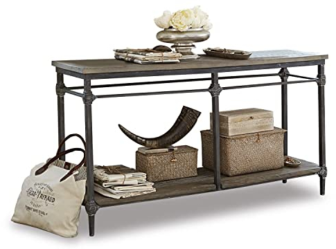 Loberon Konsole Caspian, Tischplatte mit Intarsien und White-Washed-Finish, charmanter Materialmix, Konsolentisch, Eisen, Ulmenholz, braun/grau