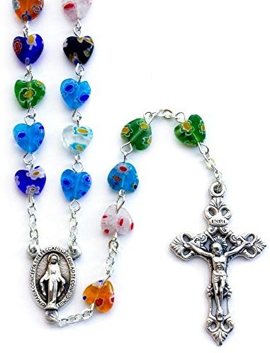 Rosario con cuentas de cristal de Murano con forma de corazón multicolor