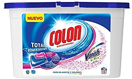 Colon Total Power Gel Caps Vanish - Detergente para lavadora con agentes quitamanchas, formato cápsulas - pack de 3, hasta 36 dosis