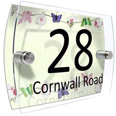 CS Printing House Number Sign Plaque Garden Glass Effect Acrylic Sign Door Plate Marble Wall Display 2 Part Branded Acrylic (Butterflies Mint)