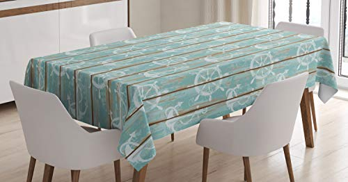 ABAKUHAUS Nautisch Tischdecke, Marine-Elemente Holz, Inn und Outdoor Bereich geeignet Waschbar Druck Klare Farben Kein Verblassen, 140 x 200 cm, Türkis Weiß Kakao
