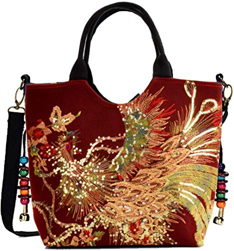 FC Fancy Damen Pailetten Glitzer Pfau Stickerei Boho Ethnische Handtasche Vintage Canvas Tote Schultertasche mit Perlen String Anhänger fuer Freizeit Abend Party