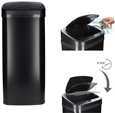 Cubo de basura cocina automático con sensor 30L, rectangular, Negro, apertura/cierre automático, Acero inoxidable pintado, Anillo de Sujeción para Bolsas - Papelera automática, Modo Manual Disponible