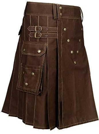 Scottish Designer Utility Kilts for Men Black Cotton Kilt Color & Size Options Available (Brown, Belly Button 38)