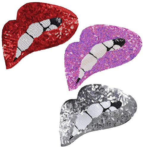 3 Stück Große Mundflecken Aufbügeln oder Nähen auf Lippen Pailletten Aufnäher Gestickte Pailletten Lippen Punk Aufnäher für Kleidung Jeans T-Shirt DIY Motiv Applikation (Silber, Rot, Lila)
