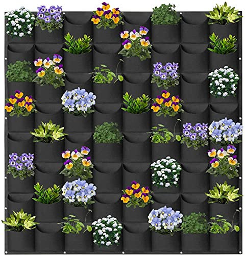 WHATWEARS Hanging Planter Bags, 64 Pockets Hanging Vertical Wall Mounted Planter Planting Grow Bag, Gardening Vertical Greening Flower Container Plant Pouch Storage Bags(1m×1m, Black)