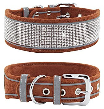 haoyueer Hundehalsband mit Strasssteinen, schillernd, funkelnd, weiches Wildleder, reflektierend, für große und mittelgroße Hunde (L: 48,3–58,4 cm, Braun)