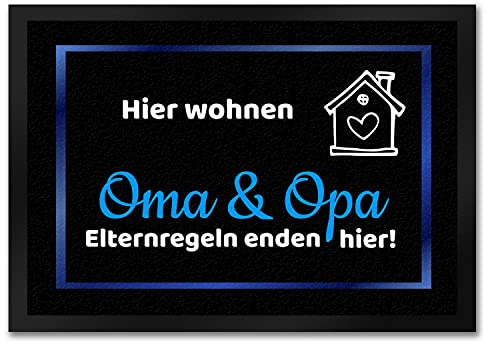trendaffe - Hier wohnen Opa und Oma Fußmatte in 35x50 cm - Elternregeln Enden Hier in blau die Großeltern Schmutzfangmatte als Geschenk zum Geburtstag, Weihnachten oder Goldener Hochzeit für