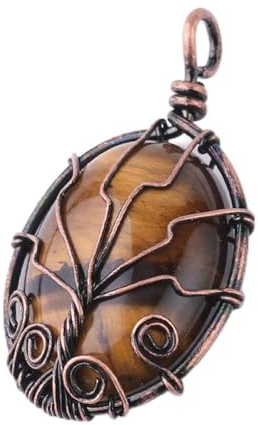 Collares con Colgantes De Piedra para Mujer,Piedras Ncklaces of Women Copper Wire Winding Oval Retro Tiger Eye Natural Semi-Precioso Fewellery Pendant Yoga Reiki Chakra Stone For Ladies Mamá Novia