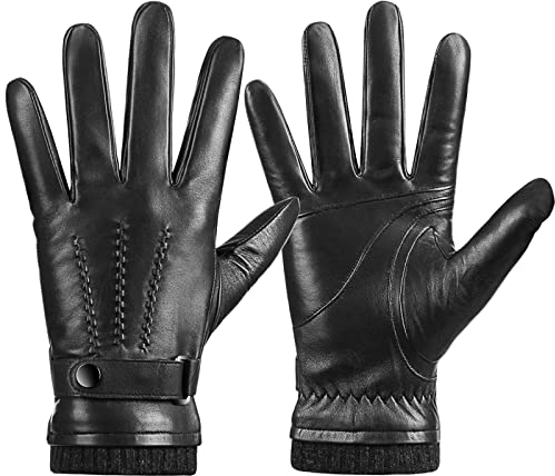 Potopok Winter Schaffell Leder Handschuhe für Herren, warme Touchscreen Fahrhandbekleidung mit Kaschmirfutter für den Außenbereich, Schwarz, Large