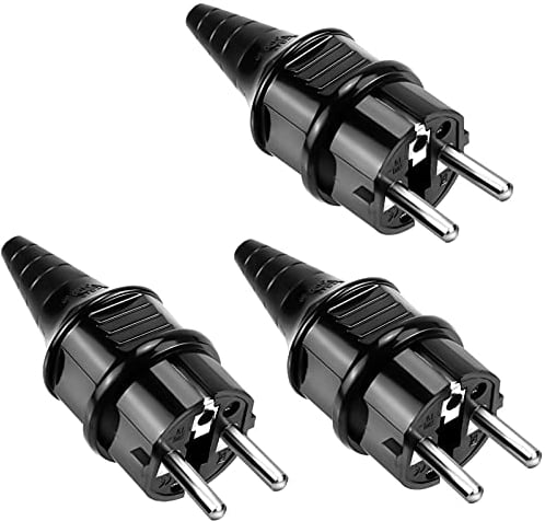 3 Stück Schutzkontakt Stecker 250V (16A) mit Knickschutztülle IP44 Schutzklasse für 6-16mm Kabel Schutzkontakt Stecker Spritzwassergeschützt und Langlebig