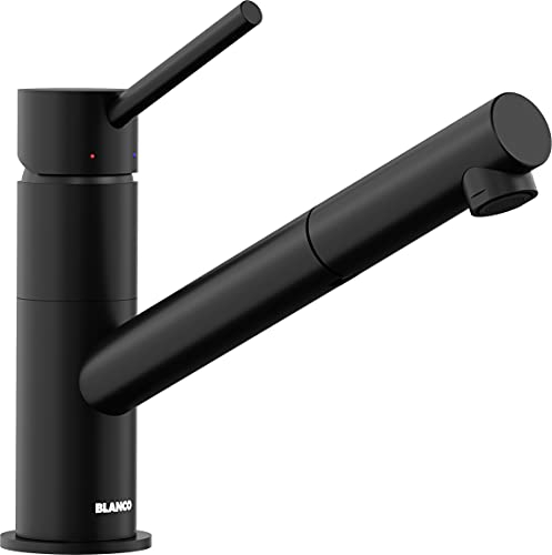 BLANCO KANO-S | Küchenarmatur in schwarz matt | Hochdruck | Mit herausziehbarem Schlauch | Rückflussverhinderer | Keramik Kartusche | Gesicherte Wasserqualität & wassersparend