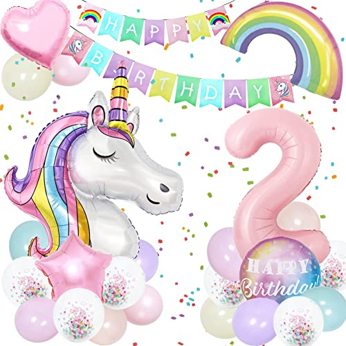 Einhorn Geburtstagsdeko,3D Einhorn Luftballon,Riesen Folienballon Macaron 2,Einhorn Folienballon Set mit Happy Birthday Banner,Rainbow Cloud Balloons für Mädchen Geburtstags Festival Dekoration