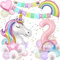 Einhorn Geburtstagsdeko,3D Einhorn Luftballon,Riesen Folienballon Macaron 2,Einhorn Folienballon Set mit Happy Birthday Banner,Rainbow Cloud Balloons für Mädchen Geburtstags Festival Dekoration
