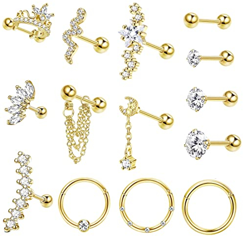 Milacolato 14St Piercing Ohr Chirurgenstahl 16G Ohrknorpel Piercing Tragus Helix Zirkonia Mond Schlange Ohrstecker Set CZ Septum Segmentring Clicker Ohrpiercing Schmuck Gold