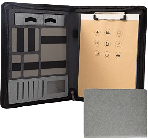 Porte Documents, Dossier De Conférencier A4 En PU Cuir, Grands Compartiments Pour Ordinateur plat, Documents Portfolio pour réunion/bureau/carte de visite professionnel (Gris)