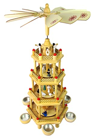 Steinmann XXL Weihnachtspyramide Kerzenpyramide Weihnachtsdekoration - handbemalt - 4-stöckig aus Holz passend für 6 Teelichter – 53,5xØ29,5cm