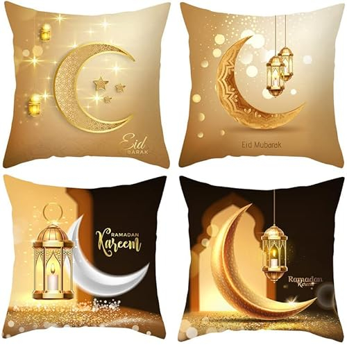 Ykybhx 4 x goldene Ramadan-Kissenbezüge mit leichtem Mond und Sternen, quadratisch, Leinen, mit Reißverschluss, Kissenbezüge für Couch, Sofa, Auto, Wohnzimmer, Heimdekoration (45,7 x 45,7 cm), N
