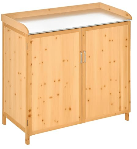 Outsunny Gartenschrank auf Ständer Umtopftisch 2 in 1 - Gartentisch Doppeltür, Regal, Tischplatte verzinktes Stahlblech - Pflanztisch vorgeöltes Zedernholz