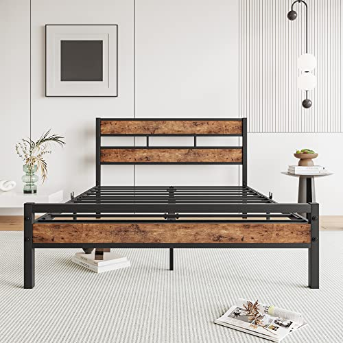 HOJINLINERO Doppelbettgestell mit Holzkopfteil,Robuster Metall-Plattform-Bettgestell für Doppelbett, Stahl-Lattenrost, Stauraum unter dem Bett, Doppelbett, Schwarz + rustikales Braun